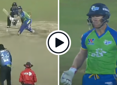 Watch: David Warner hit 6, 4, 4 off Chris Gayle batting right-handed in the 2018/19 BPL