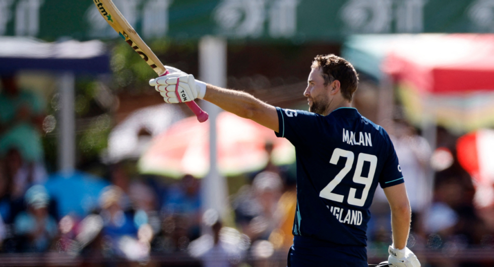 Dawid Malan celebrates after scoring a century during the third ODI between South Africa and England