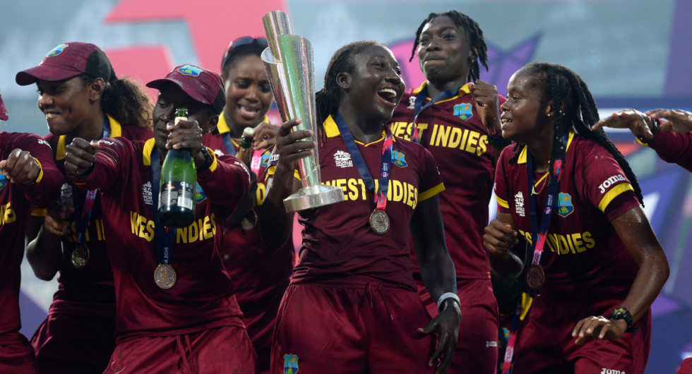 West Indies lift the trophy after winning the Women's ICC World Twenty20 India 2016 Final between Australia and the West Indies at Eden Gardens
