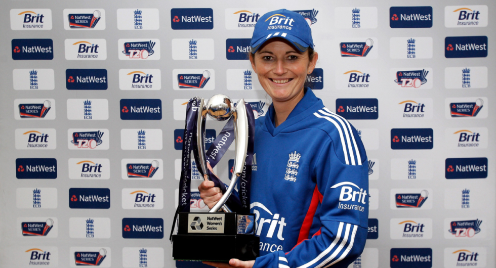 England captain Charlotte Edwards poses with the series trophy after winning the fifth NatWest International One Day match between England Women and India Women