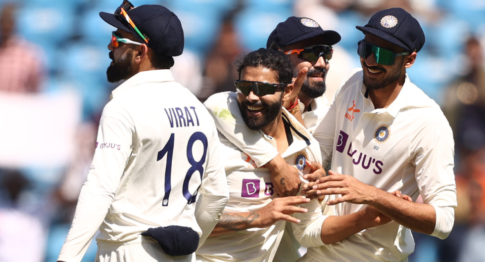 Ravindra Jadeja of India celebrates taking the wicket of Steve Smith during day one of the First Test match between India and Australia