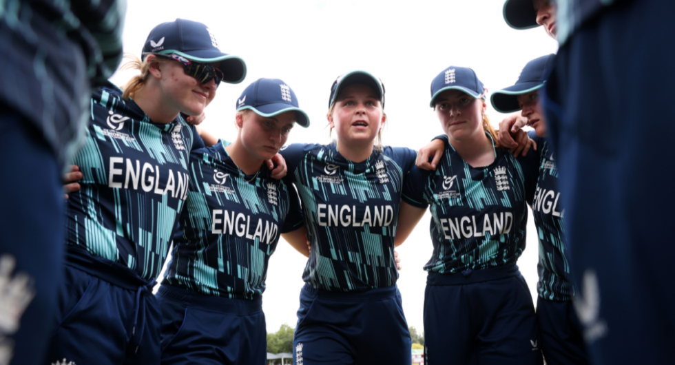 Grace Scrivens of England speaks to their side in the huddle during the ICC Women's U19 T20 World Cup 2023 Final