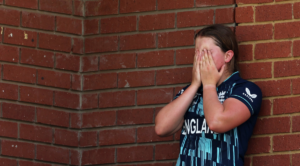 Grace Scrivens of England reacts after being dismissed during the ICC Women's U19 T20 World Cup 2023 Final