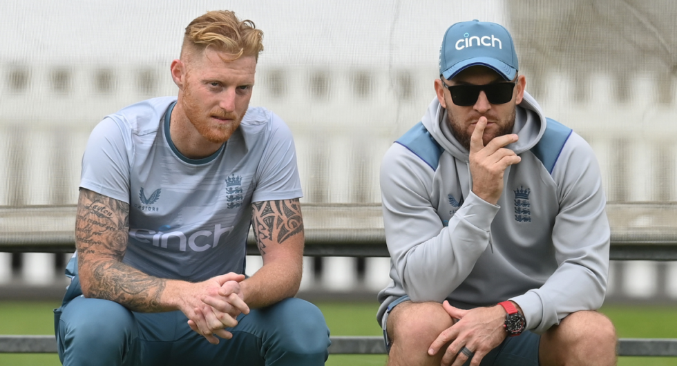 Ben Stokes and Brendon McCullum of England talk during a training session before Thursday's first Test match against New Zealand