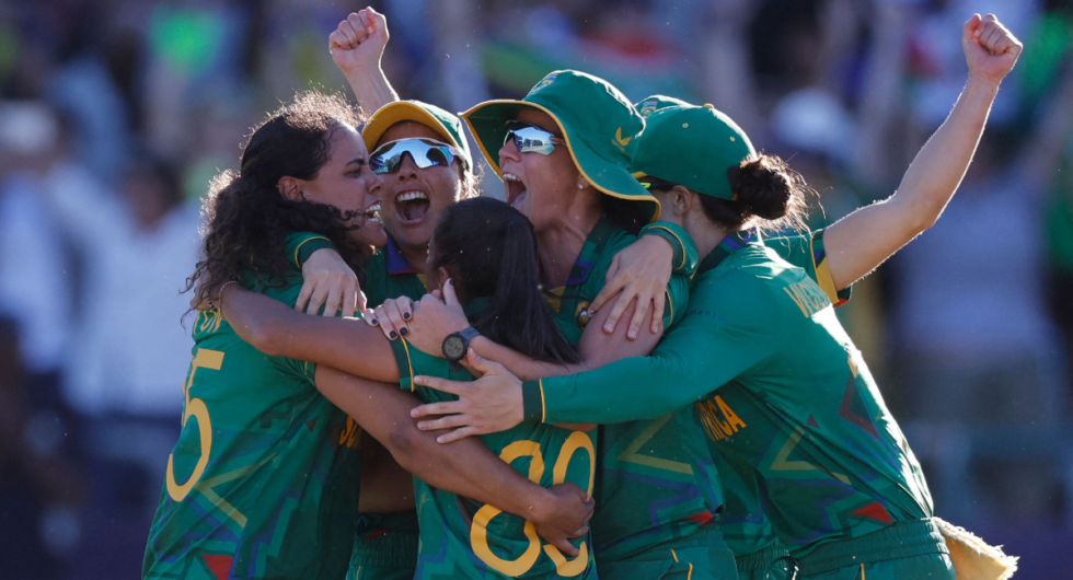 South African players celebrate winning the semi-final T20 women's World Cup