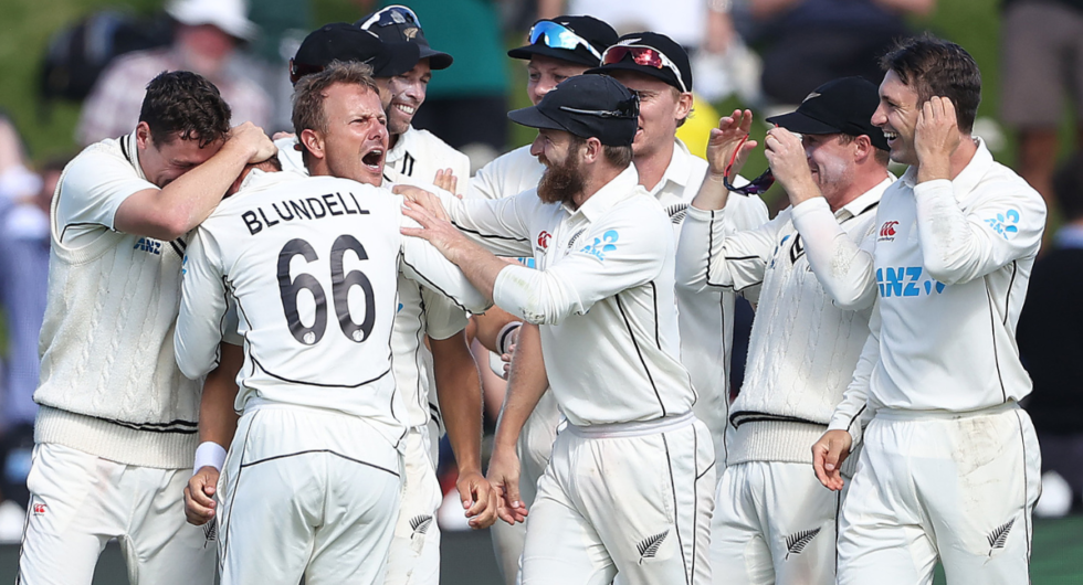 New Zealand celebrate their win on the final wicket during day five of the Second Test Match between New Zealand and England at Basin Reserve