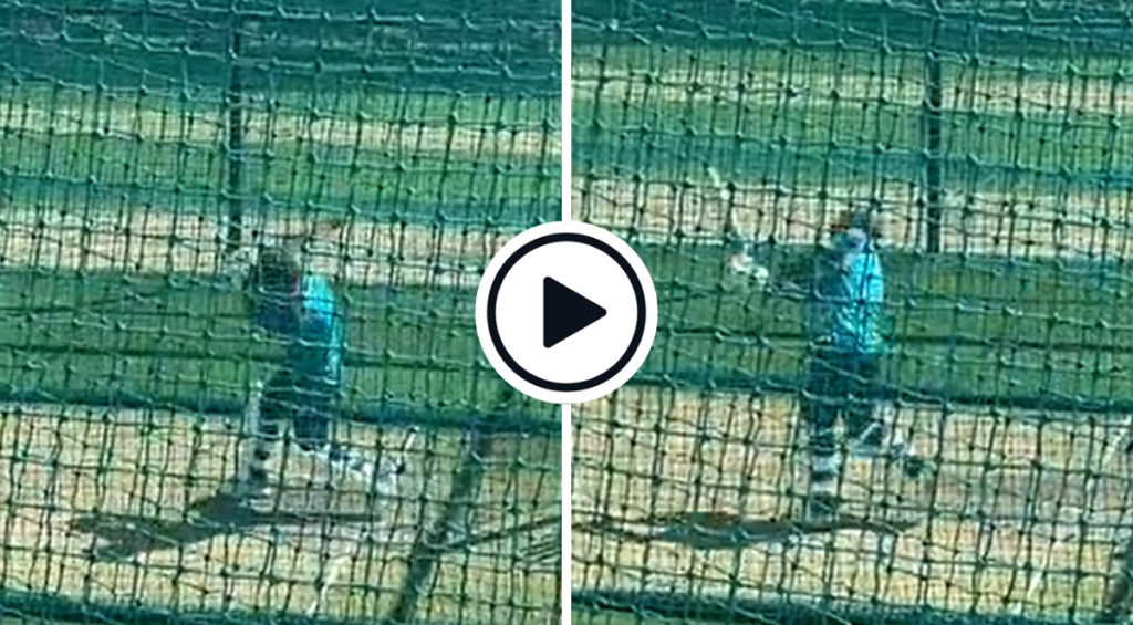 David Warner bats left- and right-handed at the nets
