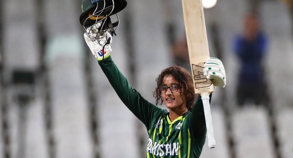 Muneeba Ali of Pakistan celebrates their century during the ICC Women's T20 World Cup against Ireland at Newlands, Cape Town, February 15, 2023