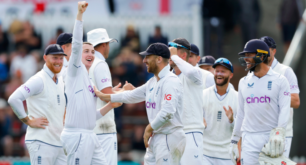 The England players celebrate after Harry Brook's dismissal of Kane Williamson on the fourth day of the second Test in New Zealand