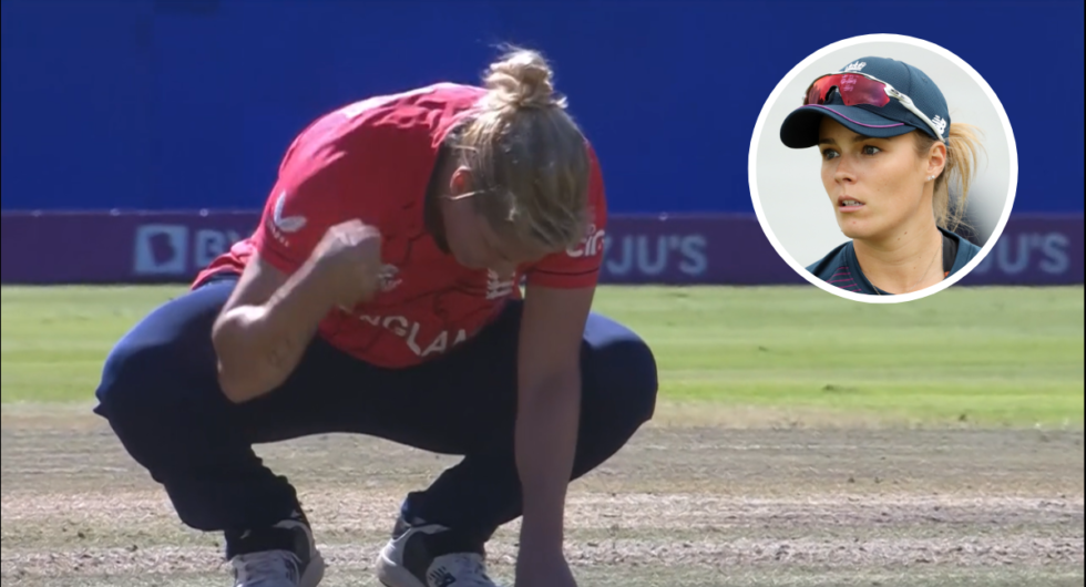 Katherine Sciver-Brunt punches the ground in frustration during England's T20 World Cup semi-final defeat to South Africa - inset: Alex Hartley, BBC Test Match Special commentator