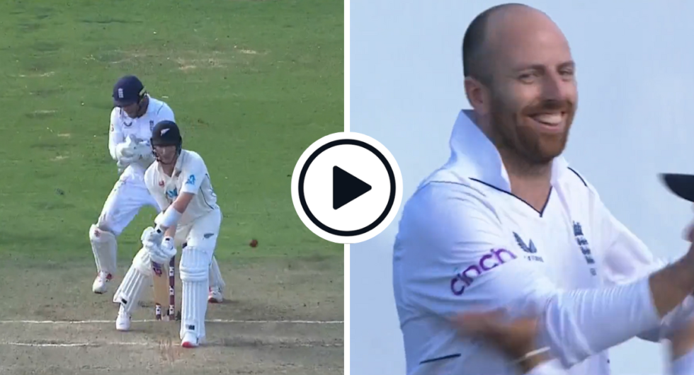 Will Young is bowled by Jack Leach, Leach smiles in celebration