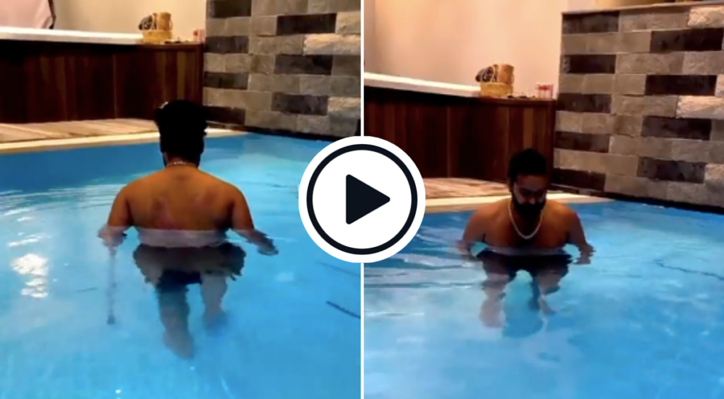 Screenshots of a video of Rishabh Pant walking in a swimming pool posted as an update on his recovery from injury