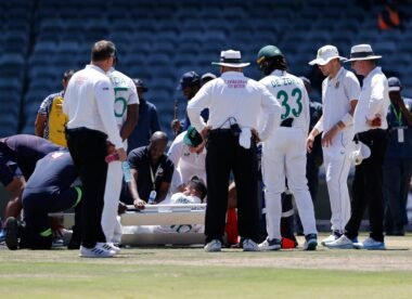 Keshav Maharaj stretchered off after injury celebrating wicket of Kyle Mayers