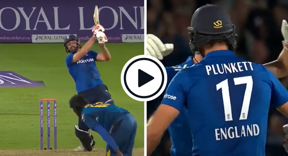 Liam Plunkett hits the last ball for six to tie