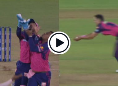 Watch: 'What drama' - Three players converge mid-pitch before Trent Boult takes rebound catch to continue first-over wicket spree