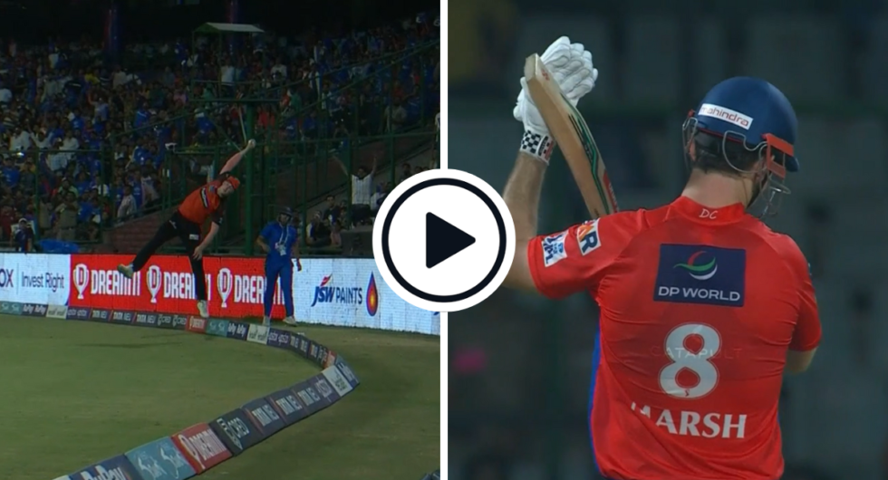 Harry Brook completes a six save, Mitchell Marsh applauds in the IPL