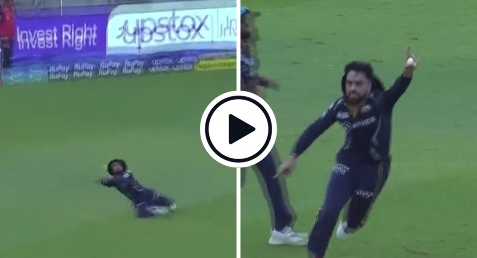 Rashid Khan celebrates a wonderful catch