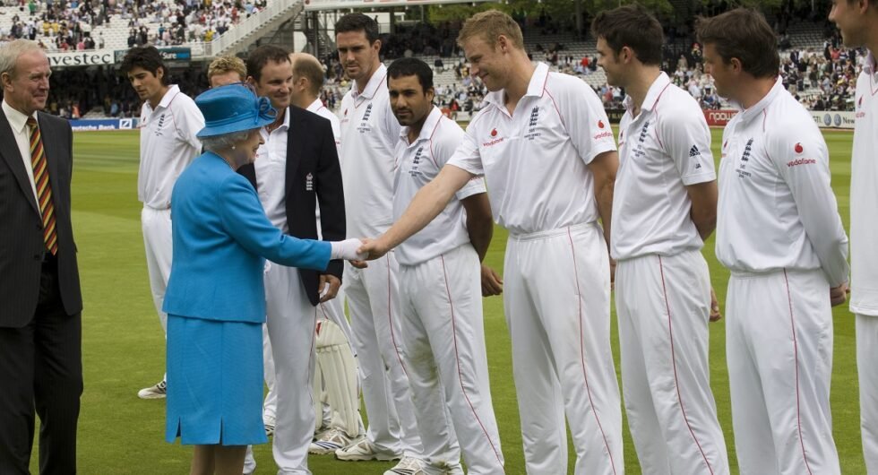 Queen Elizabeth II shakes hands with Andrew Flintoff, Lord's, Ashes 2009