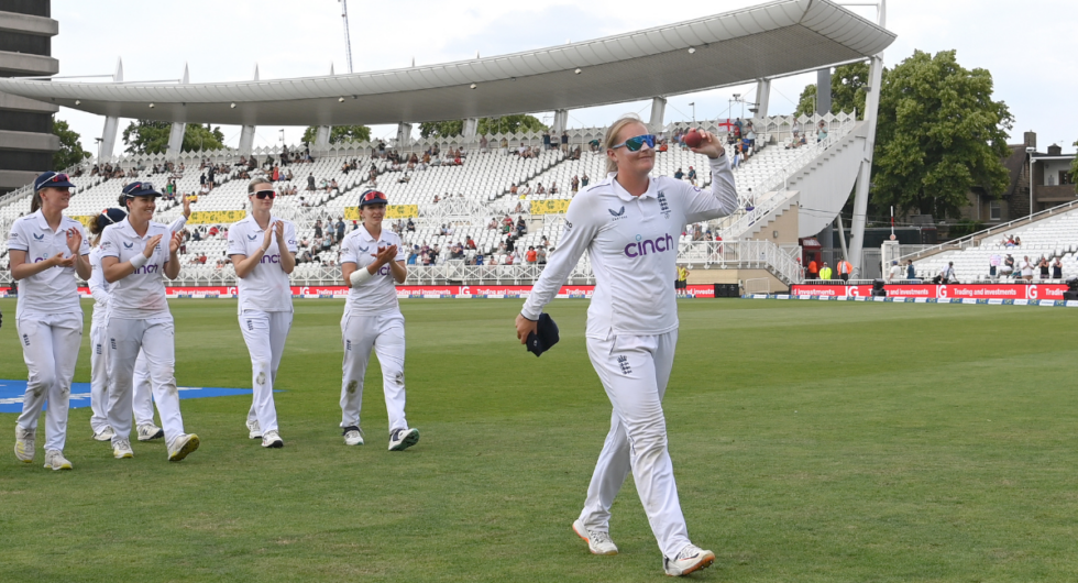 Sophie Ecclestone celebrates her ten wicket haul in the Women's Ashes Test at Trent Bridge
