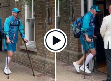 Watch: Nathan Lyon arrives on crutches for day three at Lord's after limping off field with calf injury | Injury Update | Ashes 2023