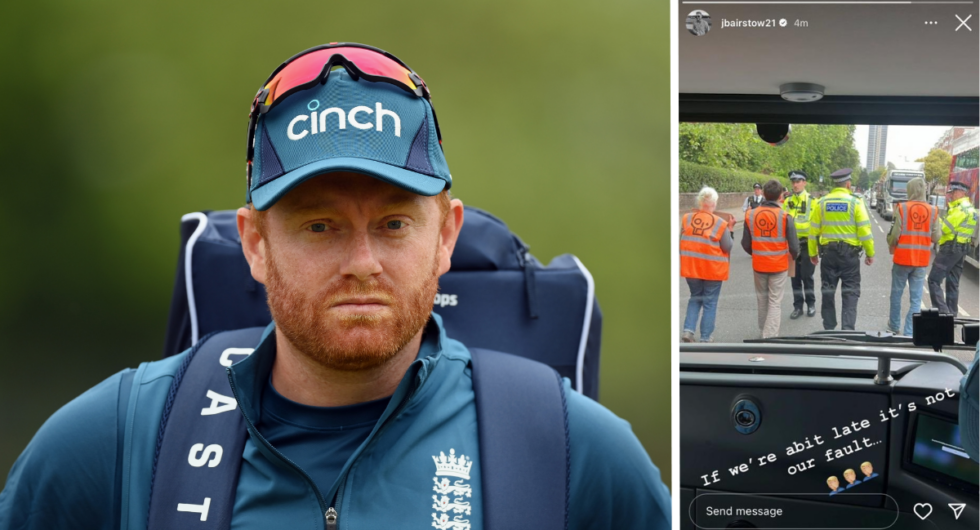 Jonny Bairstow (L), Just Stop Oil protestors holding up the England team bus (R)