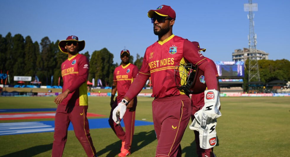 Shai Hope walks off the field following West Indies' defeat to Scotland