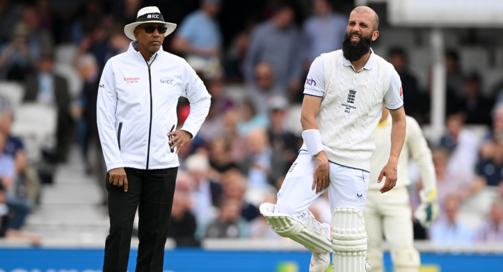 Moeen Ali reacts to a groin injury during the 2023 Ashes