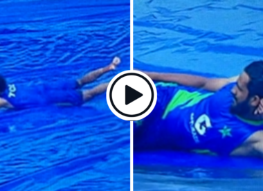 Watch: 12th man Hassan Ali unleashes inner child, slides and poses on drenched covers during rain break | SL vs PAK