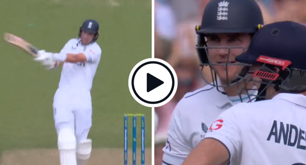 Stuart Broad smashes a six off the last ball he faced in Test cricket