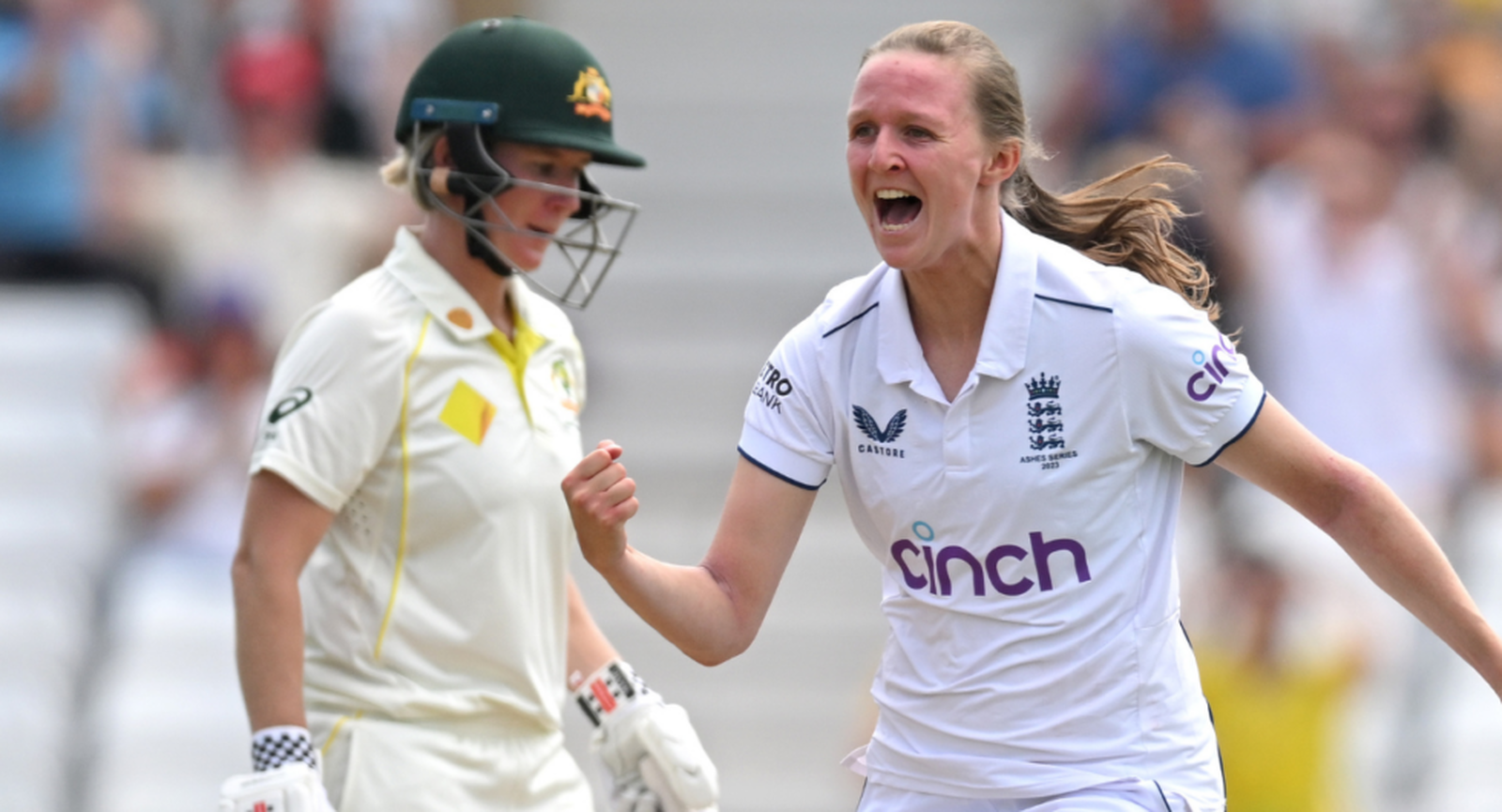 Lauren Filer celebrates in the 2023 Women's Ashes Test