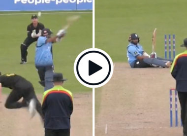 Watch: Prithvi Shaw gets knocked over by sharp bouncer, falls hit wicket in first county innings