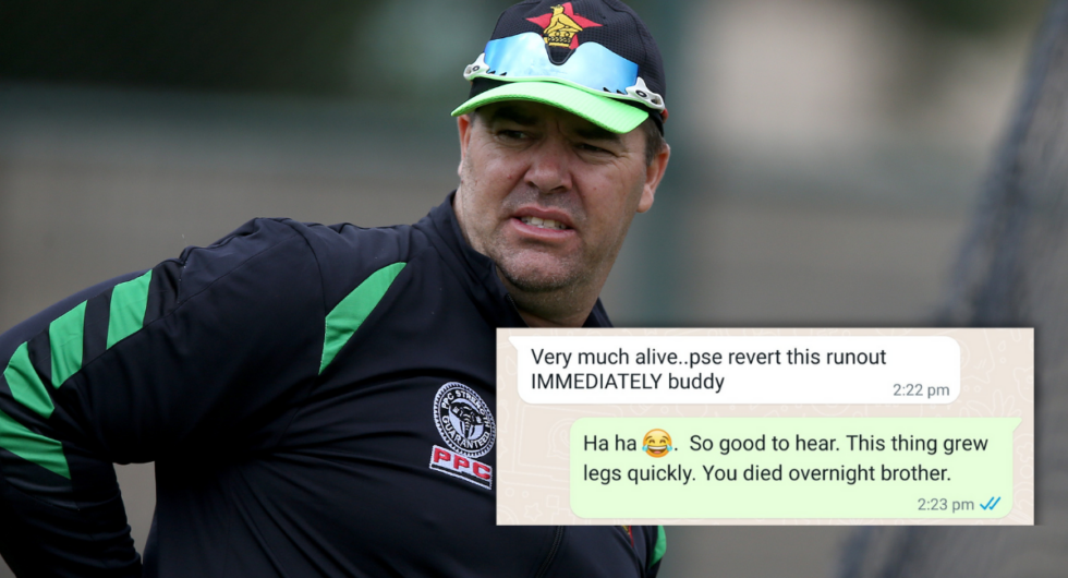 Former Zimbabwe captain and coach Heath Streak (main), a text exchange between Streak and Henry Olonga confirming that Streak is alive