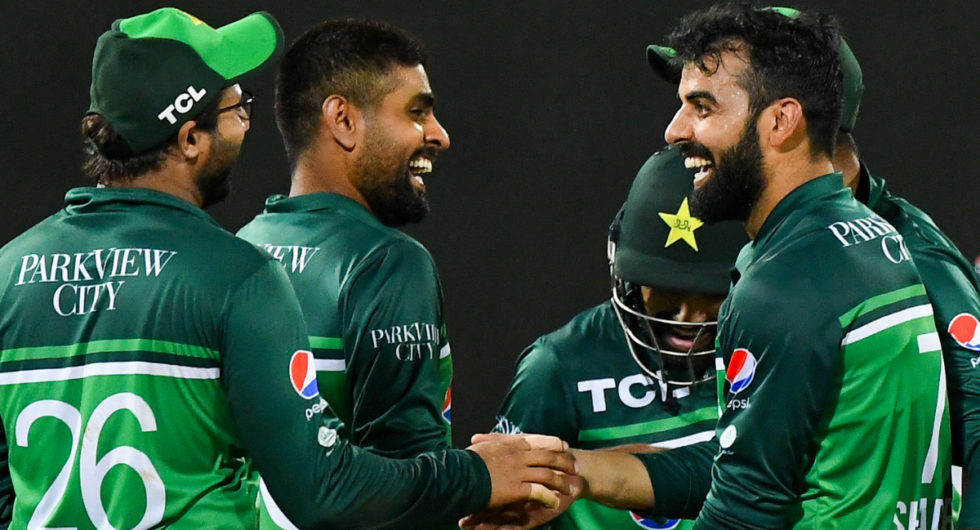 Pakistan captain Babar Azam celebrates with his teammates during his side's victory in the third ODI, a result which put Pakistan at the top of the ICC men's ODI team rankings