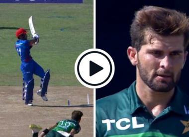 Watch: Rahmunallah Gurbaz pulls Shaheen Afridi for six with front leg in the air to drive flying start for Afghanistan