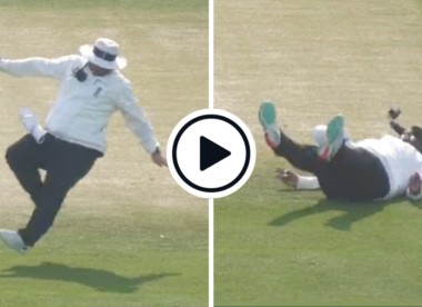 Watch: Umpire falls over turning to watch in comical County Championship moment