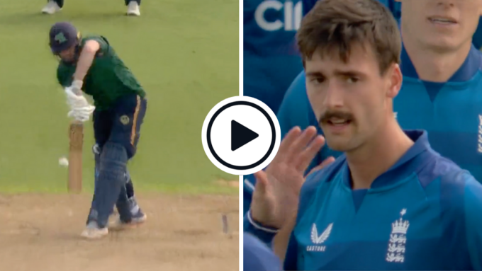 Watch: Debutant George Scrimshaw takes first international wicket after conceding 35 off first 11 balls