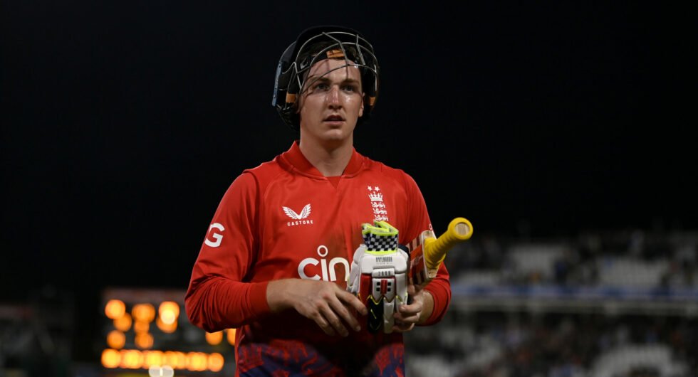 England batter Harry Brook walks off the field during the first T20I against New Zealand, ahead of the 2023 Cricket World Cup