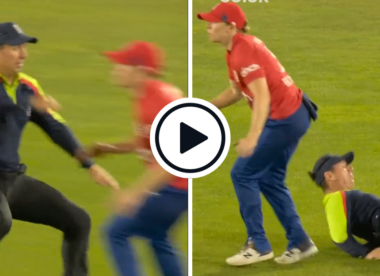 Watch: ‘Hit the ground or take out the England captain’ – Umpire comically slides to avoid collision