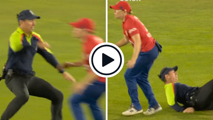 Watch: ‘Hit the ground or take out the England captain’ – Umpire comically slides to avoid collision