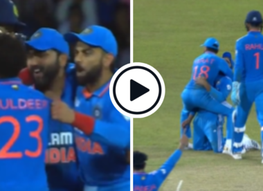 Watch: Pumped up Kohli jumps on Rohit, hilariously pulls Kuldeep for group hug in low-scoring clash | IND vs SL