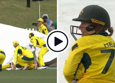 Watch: Australia team help ground staff bring on covers during women’s ODI rain delay