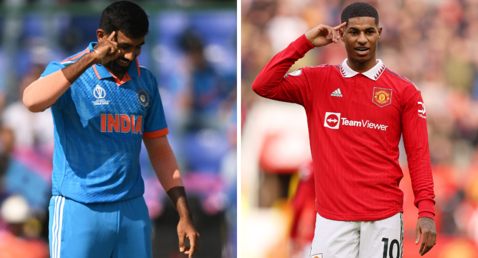 Jasprit Bumrah celebrates an India World Cup wicket (L), Marcus Rashford doing a typical celebration for Manchester United (R)