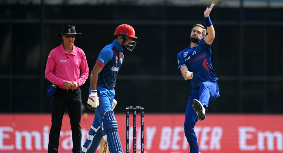Chris Woakes bowls in England's 2023 Cricket World Cup game against Afghanistan