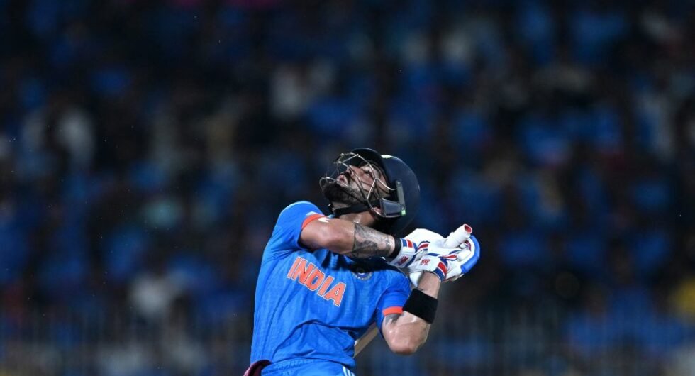 Virat Kohli looks to the heavens after skying an attempted hook shot against Australia in Chennai