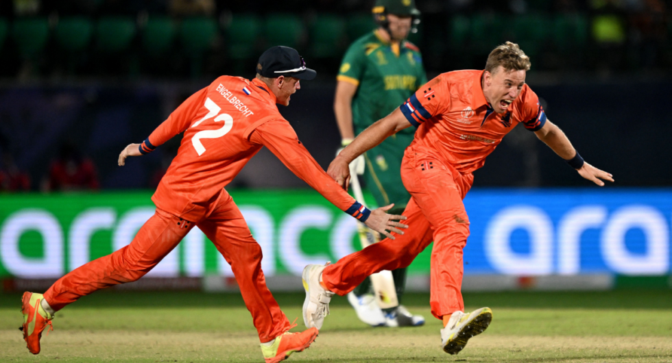Netherlands celebrate a wicket during their shock upset win over South Africa | CWC 2023
