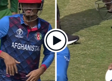Watch: ‘Proper village’ – Play held up after Afghanistan batter forgets to put on box