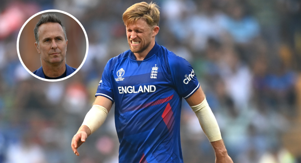 England cricketer David Willey grimaces during the World Cup, who has not been given a central contract by the ECB (main), Michael Vaughan (inset)