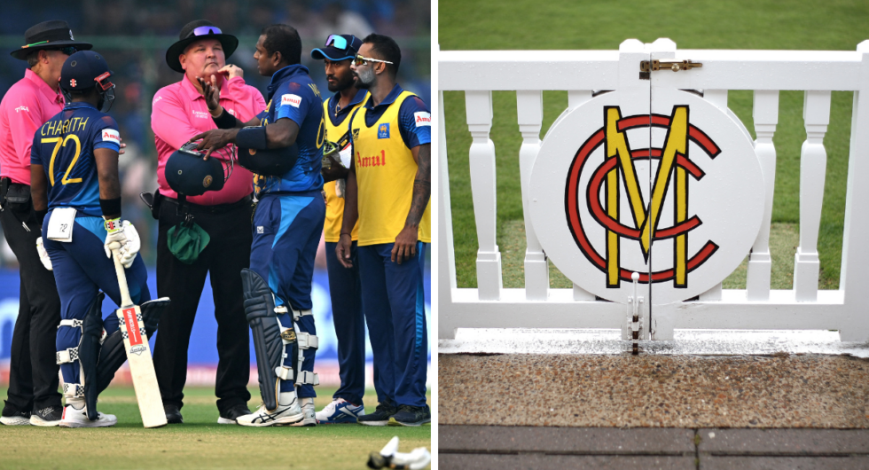 Angelo Mathews converses with the umpires as he is given 'timed out' (L), the MCC logo (R)