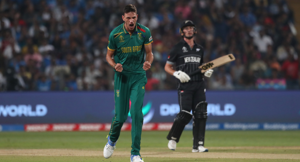 Marco Jansen celebrates during South Africa's crushing win over New Zealand in Pune