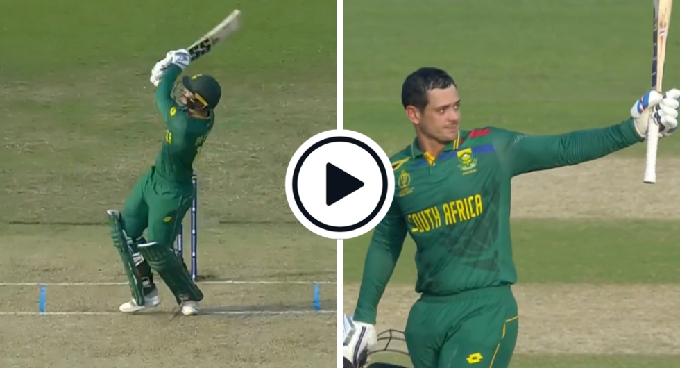Quinton de Kock brought up his fourth 2023 World Cup century with a six off Jimmy Neesham